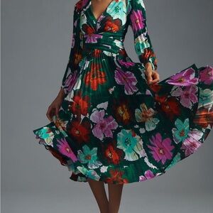 Anthropologie Green and Pink Floral Maxi Dress